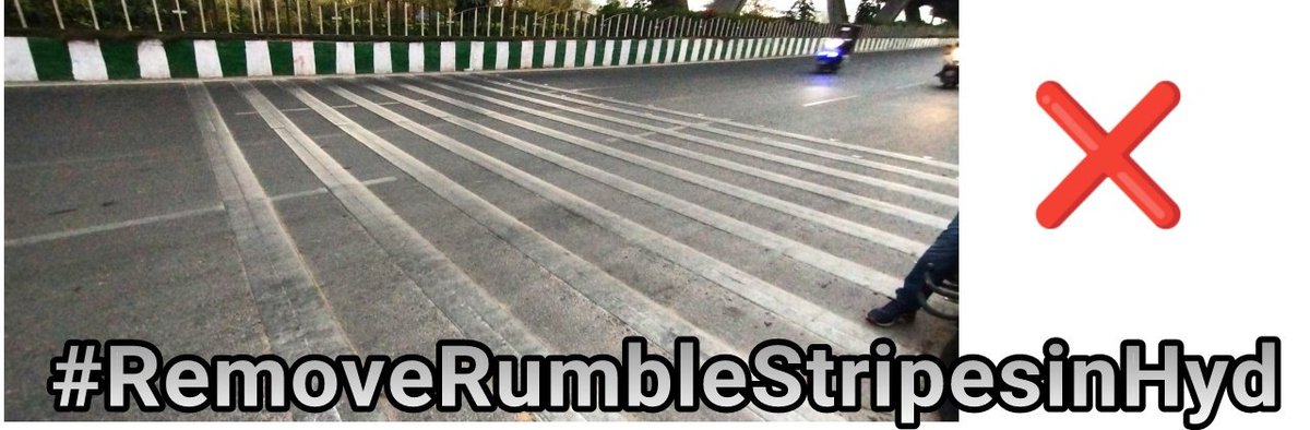 Team_Road_Squad's tweet photo. can patients travel in Hyderabad??
Also consider why not all rumble Strips are uniform in thickness confusing people.
Where to slowdown and where not to?

@swachhhyd @HiHyderabad
@hydtp #removerumblestripsfromHyd https://t.co/hMrJK9SDXq