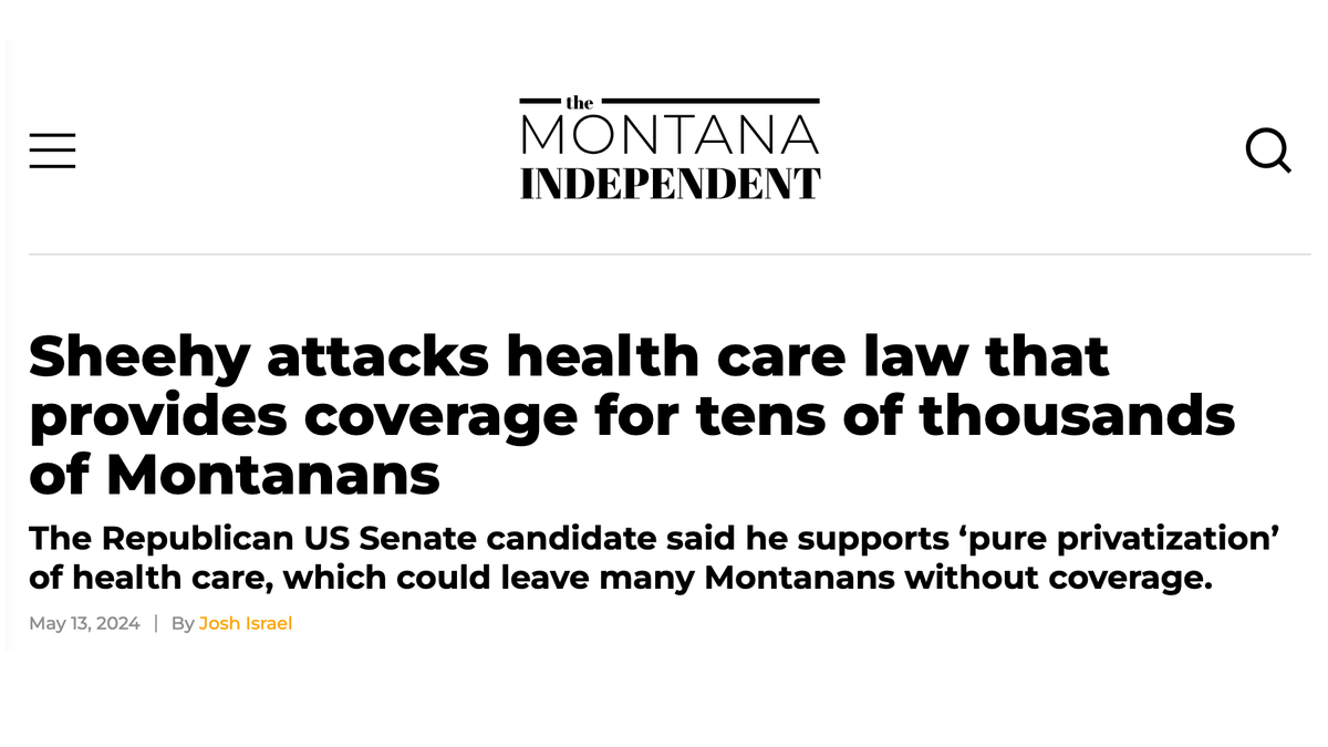 So, @SheehyforMT’s health care plan is to increase health care costs and “leave tens of thousands of Montanans without health insurance.”

Seems bad… #mtsen #mtpol
montanaindependentnews.com/health-care/ti…