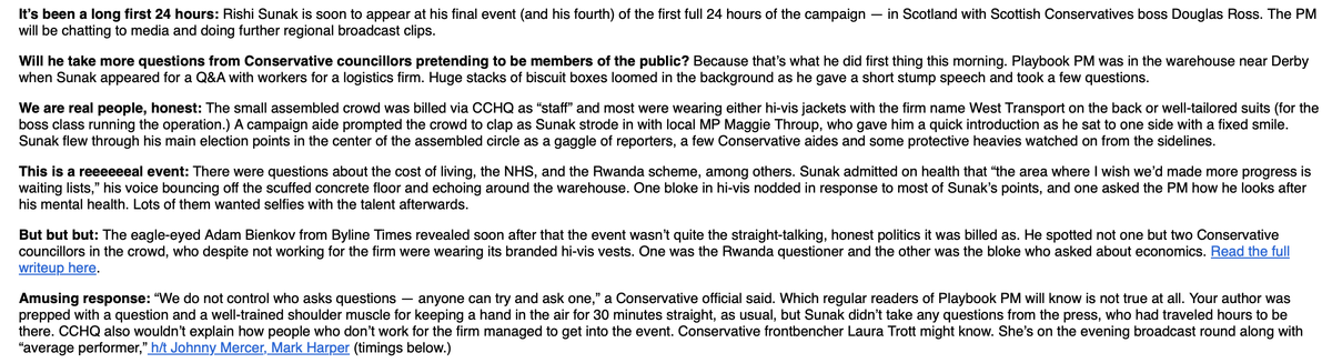 More details from @e_casalicchio at Playbook on Rishi Sunak's fake warehouse workers, following our report this morning. Unlike the two hi-vis Conservative councillors, Emilio and all other journalists were refused any questions by the Prime Minister bylinetimes.com/2024/05/23/ris…
