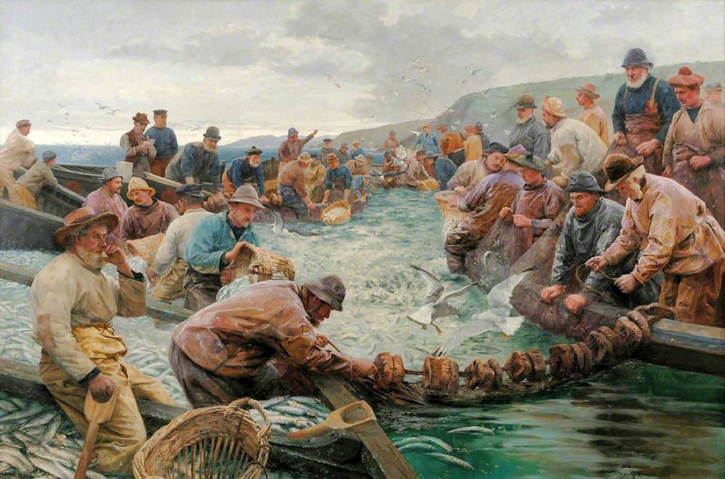 Good Day! Hevva! Hevva! - Tucking a School of Pilchards by Percy Robert Craft 1887 Oil on Canvas (Penlee House Gallery & Museum)