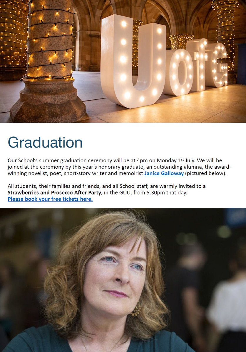 Am inordinately excited to be hosting our honorary Doctor of Letters this year at our @UofGCritStudies graduation ceremony in July: the formidably talented novelist, poet & memoirist, & one of our own @uofgenglit graduates, Janice Galloway.
See you there.