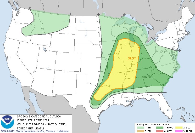12:23pm CDT #SPC Day2 Outlook Slight Risk: from northeast Texas across parts of the Mississippi and lower Ohio Valleys and to southern Wisconsin and Lower Michigan spc.noaa.gov/products/outlo…