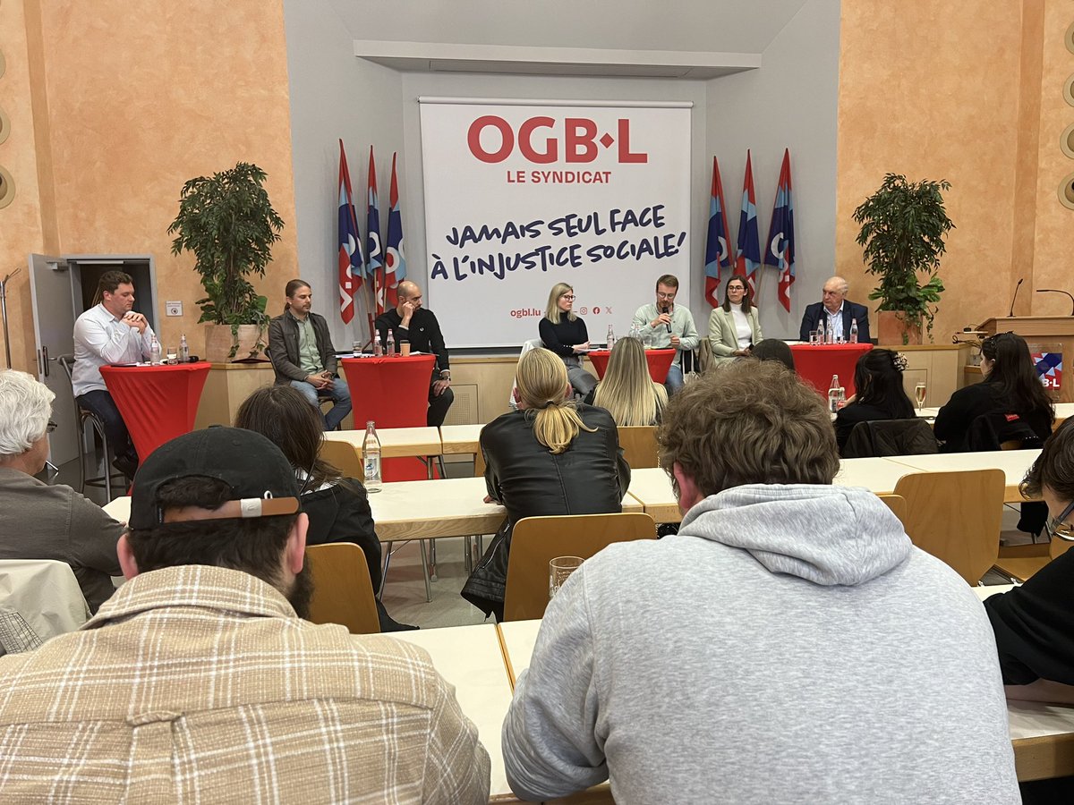 OGBL_Luxembourg's tweet photo. L’OGJ - le département des Jeunes de l’OGBL - organise ce soir une table ronde dans le cadre des élections européennes du 9 juin avec:

Charles Goerens (DP)
 Martine Kemp (CSV)
Fabricio Costa (déi gréng)
Michaela Morrisova (LSAP)
Alija Suljic (déi Lénk)
Alain Hermann (KPL) https://t.co/QzZHh8XbT9