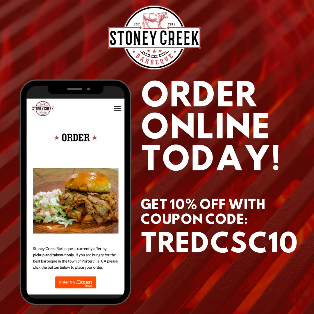 Why wait to order IN LINE, when you can order ahead ON LINE! Now get 10% off when you order online with coupon code: TREDCSC10 stoneycreekbbq.com/order/ #OrderOnline #Order #BBQ #LowAndSlow #StoneyCreekBBQ #StoneyCreekBarBeQue #Porterville #WorthTheDrive