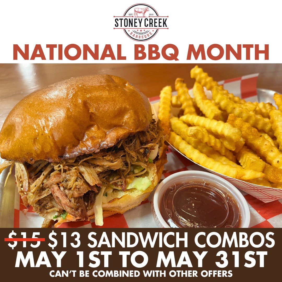 It's National BBQ Month! To celebrate, we're taking $2 OFF ALL of our Sandwich Combos! Get a delicious Pulled Pork Sandwich with a side and a drink for only $13!!! #StoneyCreekBBQ #Porterville #BBQ #NationalBBQMonth #ChickenSandwich #LowAndSlow #WorthTheDrive