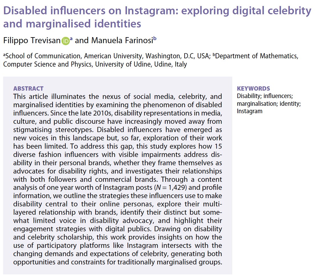 Filippo Trevisan (@filippotrevisan) on Twitter photo <a href="/farinosim/">Manuela Farinosi</a> & I are excited to share our latest “Disabled influencers on Instagram: Exploring digital celebrity & marginalised identities” in <a href="/CSJcelebstudies/">Celebrity Studies</a>. Abstract & TL;DR below, reach out for a free copy! #disability #celebrity #influencers #Instagram tandfonline.com/doi/full/10.10… <a href="/farinosim/">Manuela Farinosi</a> & I are excited to share our latest “Disabled influencers on Instagram: Exploring digital celebrity & marginalised identities” in <a href="/CSJcelebstudies/">Celebrity Studies</a>. Abstract & TL;DR below, reach out for a free copy! #disability #celebrity #influencers #Instagram tandfonline.com/doi/full/10.10…