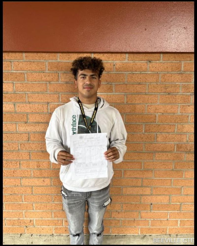 Beeville CTE Welding student Damien passed the American Welding Society D1.1 industry weld test during the 2023-24 school year!  Congratulations on your success and this important step toward your future!