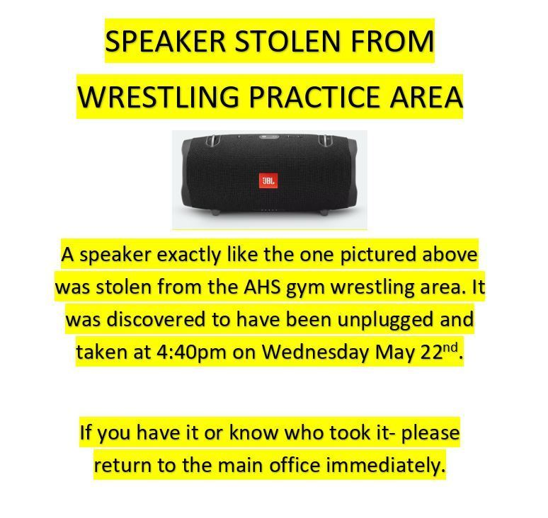 AHS_AshlandHigh's tweet photo. Stolen Speaker - Please Return https://t.co/WKWQncopdE