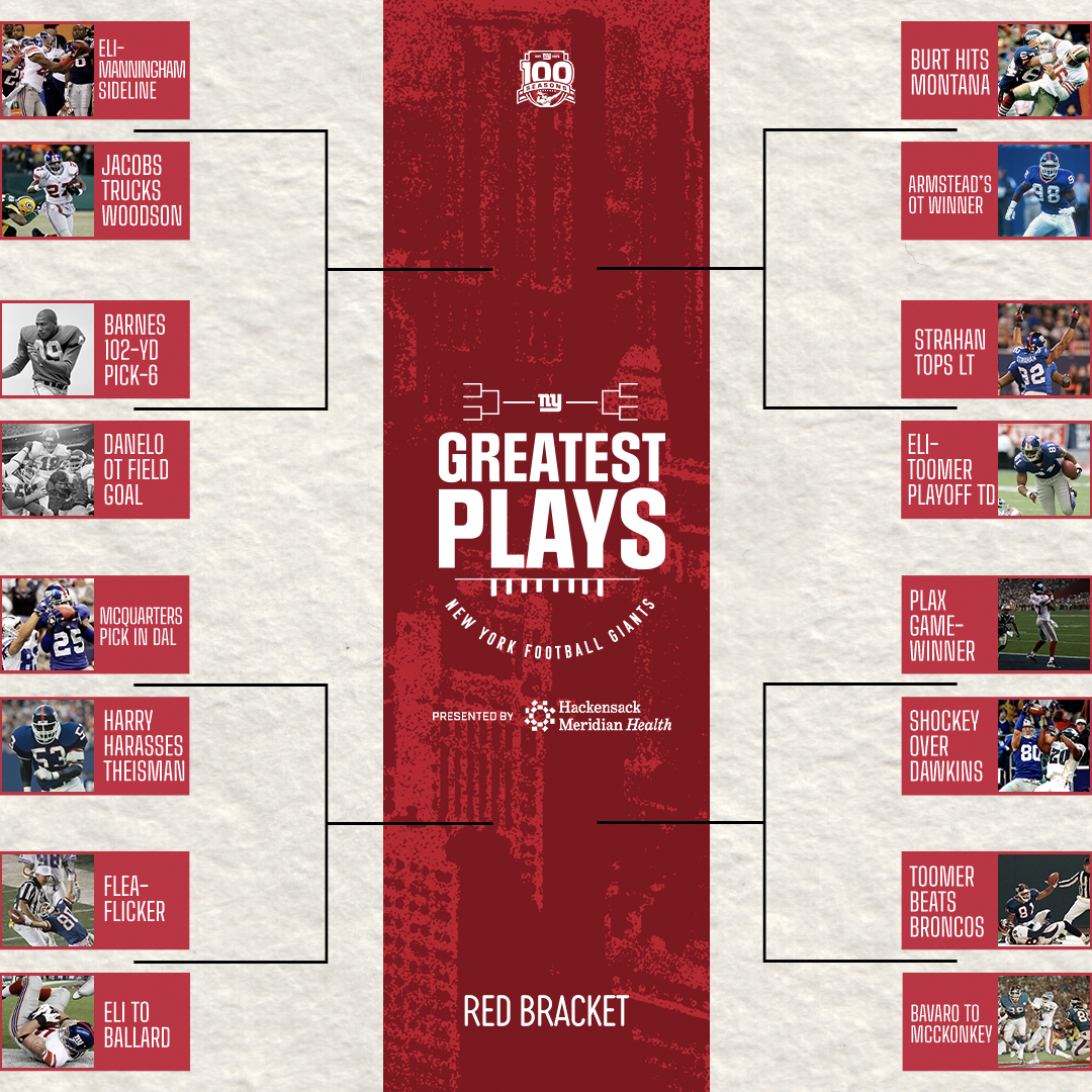 The Red Bracket is LIVE! Vote for the next 16 of 64 plays in the #Giants100 'Greatest Plays' challenge Vote now 🗳: giants.com/bracket