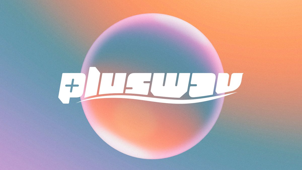 'pluswav' logo type by Andrew Elmore over an orange and blue background with a circle in the middle.