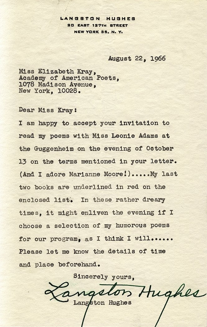 From our archives: In memory of Langston Hughes, who passed away May 22, 1967, we share a letter from him to Elizabeth Kray, the first executive director of the Academy of American Poets.