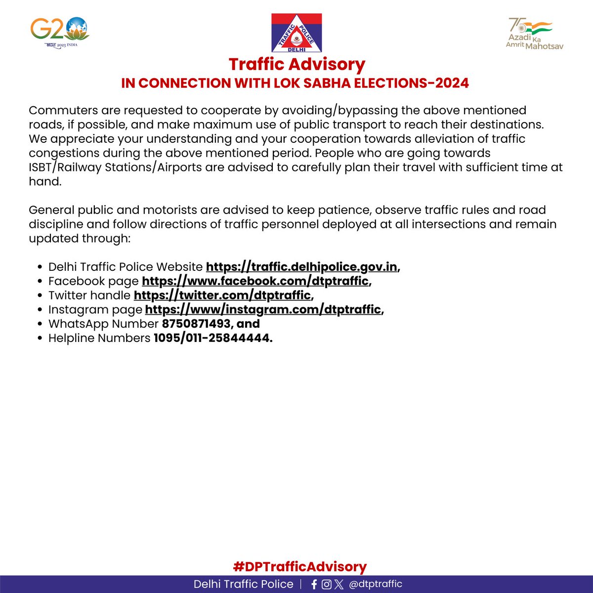 Traffic Advisory In view of Lok Sabha Elections-2024 related activities on 24.05.2024, traffic restrictions will be effective near ITI Nand nagri Delhi. Kindly follow the traffic advisory. #DPTrafficAdvisory