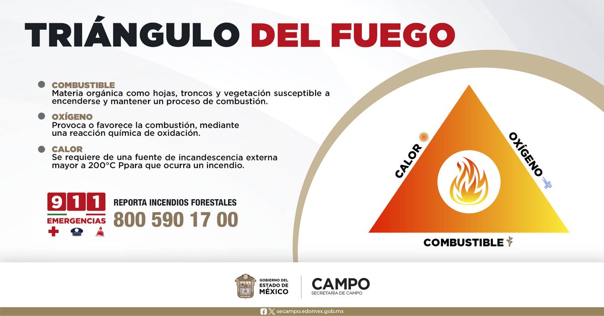 #SabíasQué | Oxígeno, calor y combustible son los elementos que conforman el #TriánguloDelFuego y su combinación pueden provocar un #IncendioForestal. 📞 Reporta incendios al Teléfono Rojo de #Probosque: 800 590 1700, o al 911. #PrevenirEsMejorQueCombatir