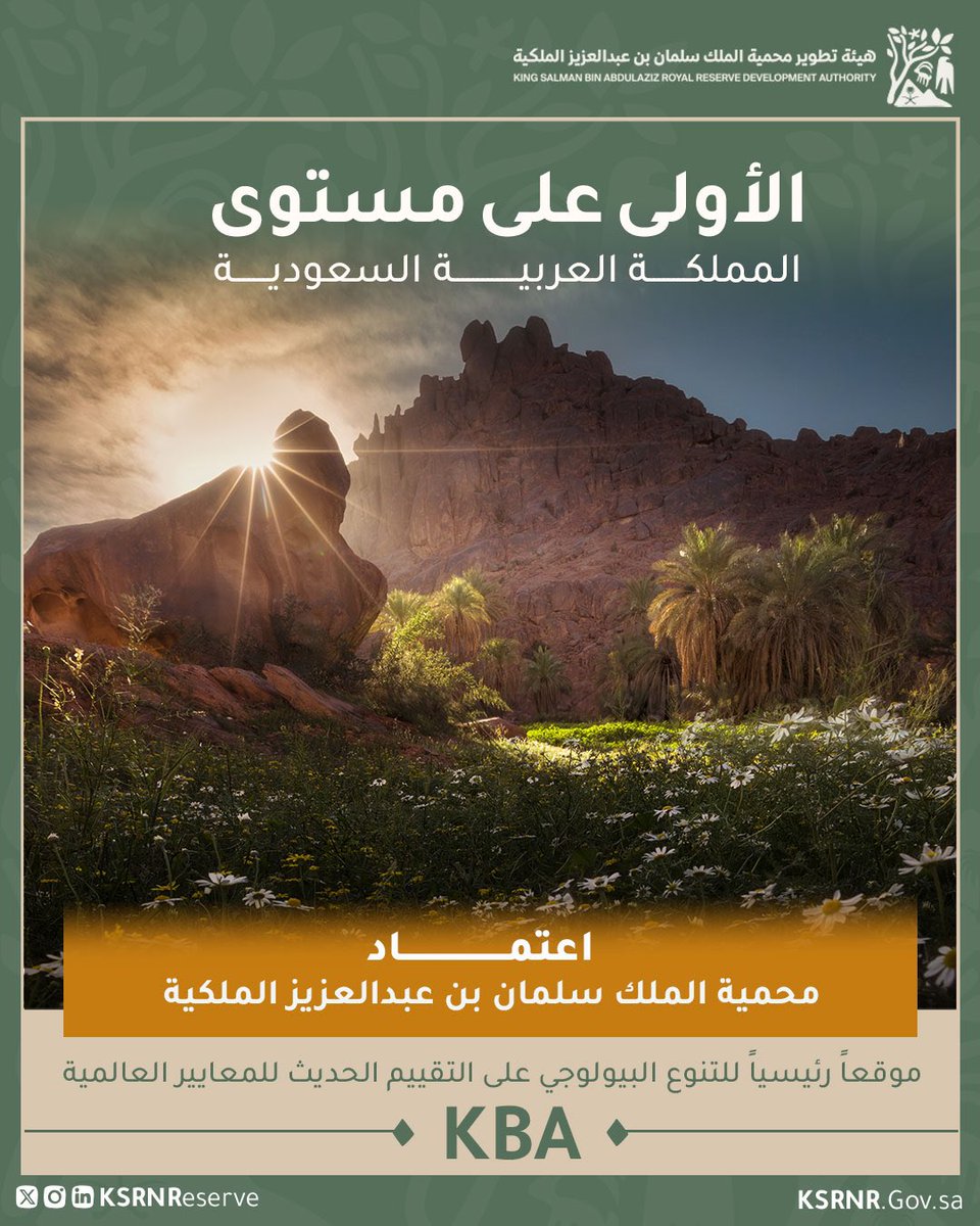 KSRNReserve's tweet photo. الموقع الأول في المملكة العربية السعودية 🥇

إعلان #محمية_الملك_سلمان_بن_عبدالعزيز_الملكية موقعاً رئيسياً للتنوع البيولوجي على التقييم الحديث للمعايير العالمية https://t.co/Kp4ElTNJQV