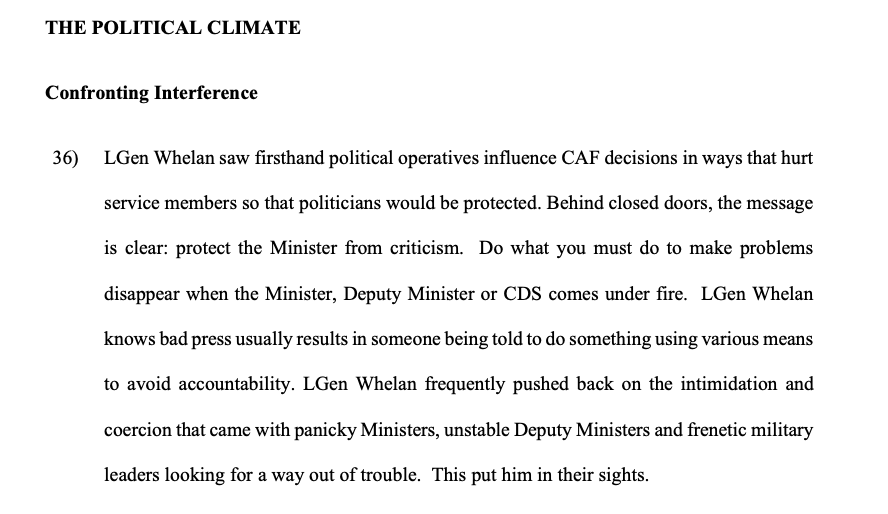 'LGen Whelan saw firsthand political operatives influence CAF decisions in ways that hurt service members so that politicians would be protected.'