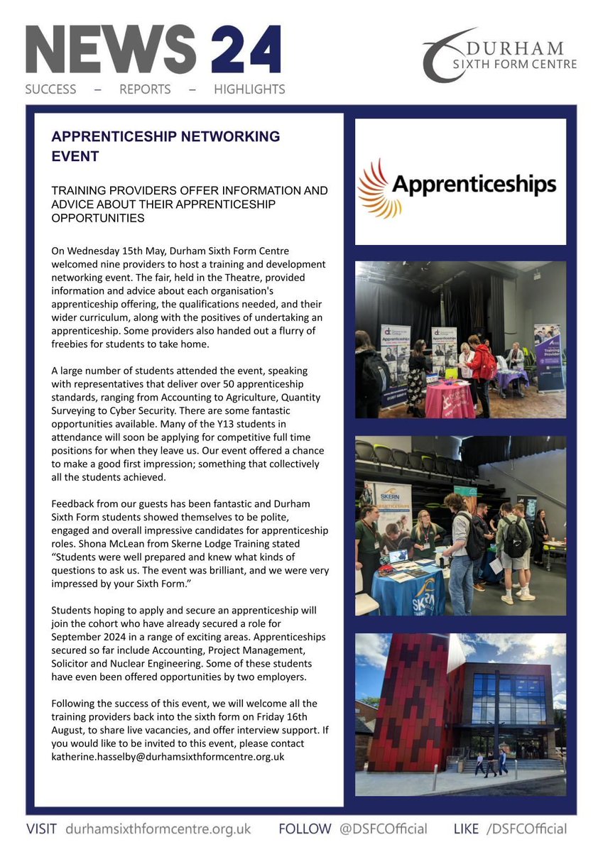 NEWS: 💬 On Wednesday 15th May, Durham Sixth Form Centre welcomed nine providers to host a training and development networking event. The fair, provided information and advice about each organisation’s apprenticeship offering. Read more… buff.ly/3UPv4nH