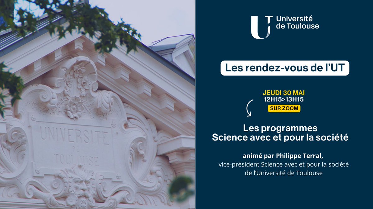 👀 Pour en savoir plus sur les projets portés par l'Université de Toulouse, participez aux 'Rendez-vous de l'UT' animés chaque semaine par l'équipe de gouvernance. Découvrez le programme ➡️ univ-toulouse.fr/actualites/ren…