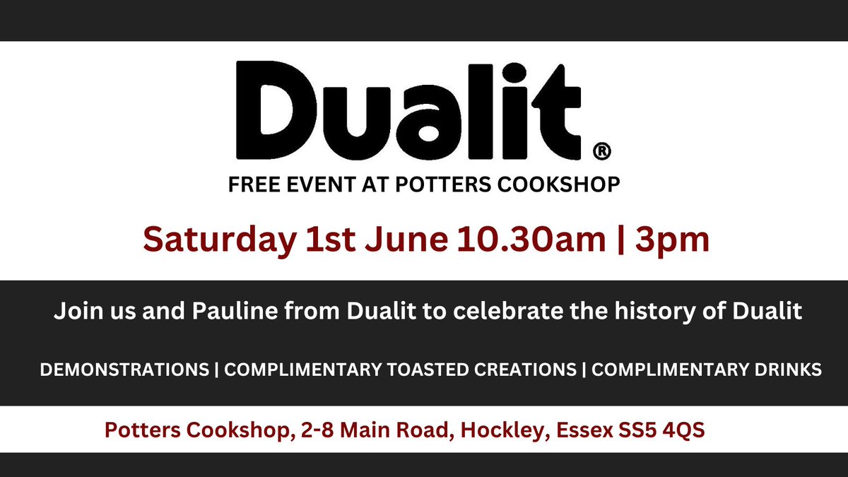 PottersCookshop's tweet photo. JOIN US for our FREE DUALIT EVENT: Sat 1st June, 10.30am - 3pm…

To celebrate our educational History of Dualit window , we have Pauline from Dualit with us demo-ing toasters &amp; Cocoatisers, so pop in for complimentary toasted goodies and drinks!

#Dualit #Giveaway #Essexevents https://t.co/EuTgVJr7eU
