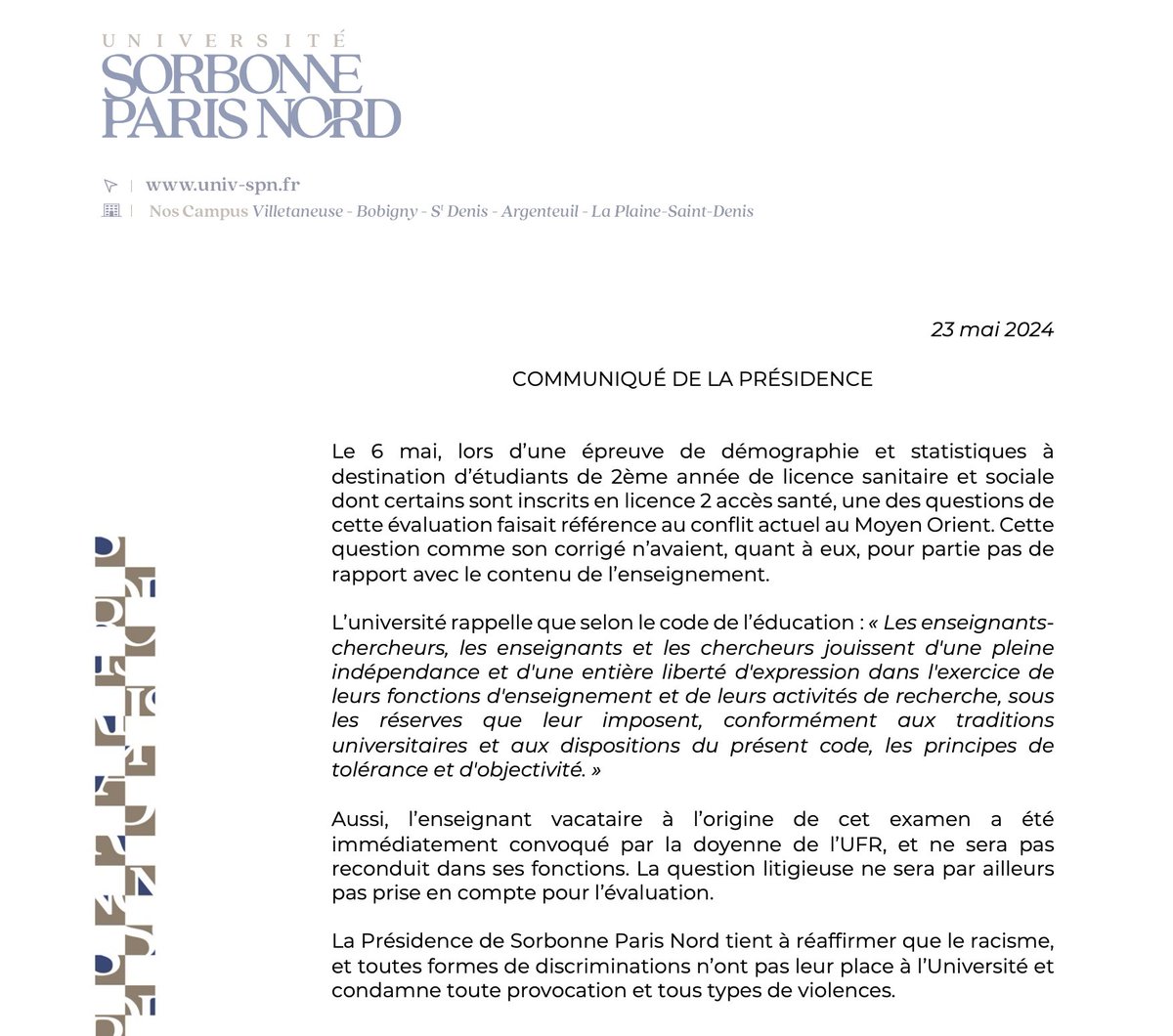 univ_spn's tweet photo. Communiqué de la Présidence - 23 mai 2024 https://t.co/UZYHC9iIM7
