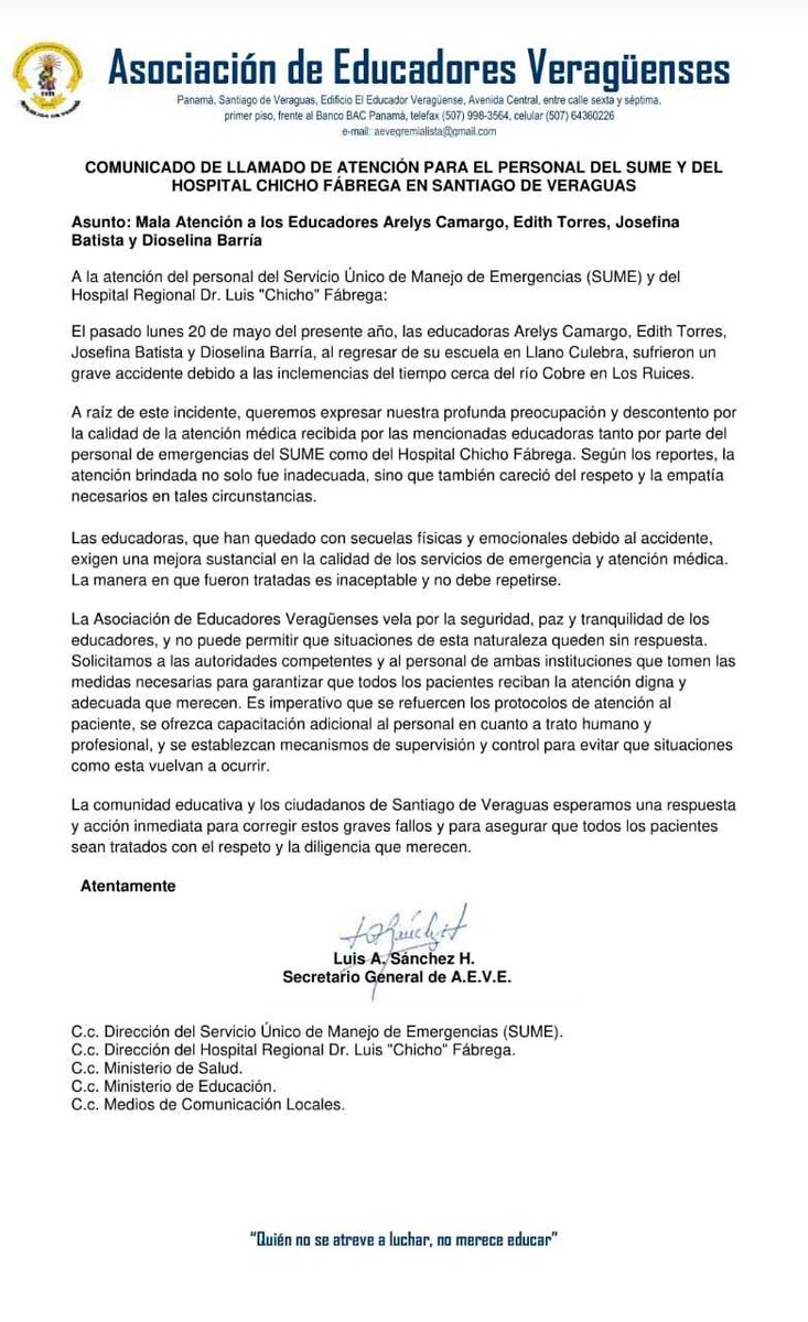 Mala atención a los educadores Arelys Camargo, Edith Torres, Josefina Batista y Dioselina Barria, por parte del <a href="/SUME911/">SUME Panamá</a> y el Hospital Chicho Fábrega. <a href="/MINSAPma/">Ministerio de Salud de Panamá</a> <a href="/MeducaPma/">Ministerio de Educación de Panamá</a>