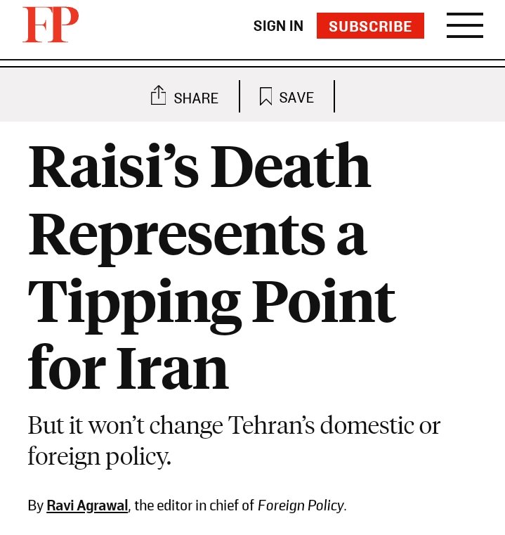 Excellent Commentary by @RaviReports published at @ForeignPolicy ♦️ Key Points 📌 The sudden death of Iranian President Ebrahim Raisi has created a leadership vacuum, but Iran's domestic and foreign policies are unlikely to shift, as the supreme leader's vision will continue