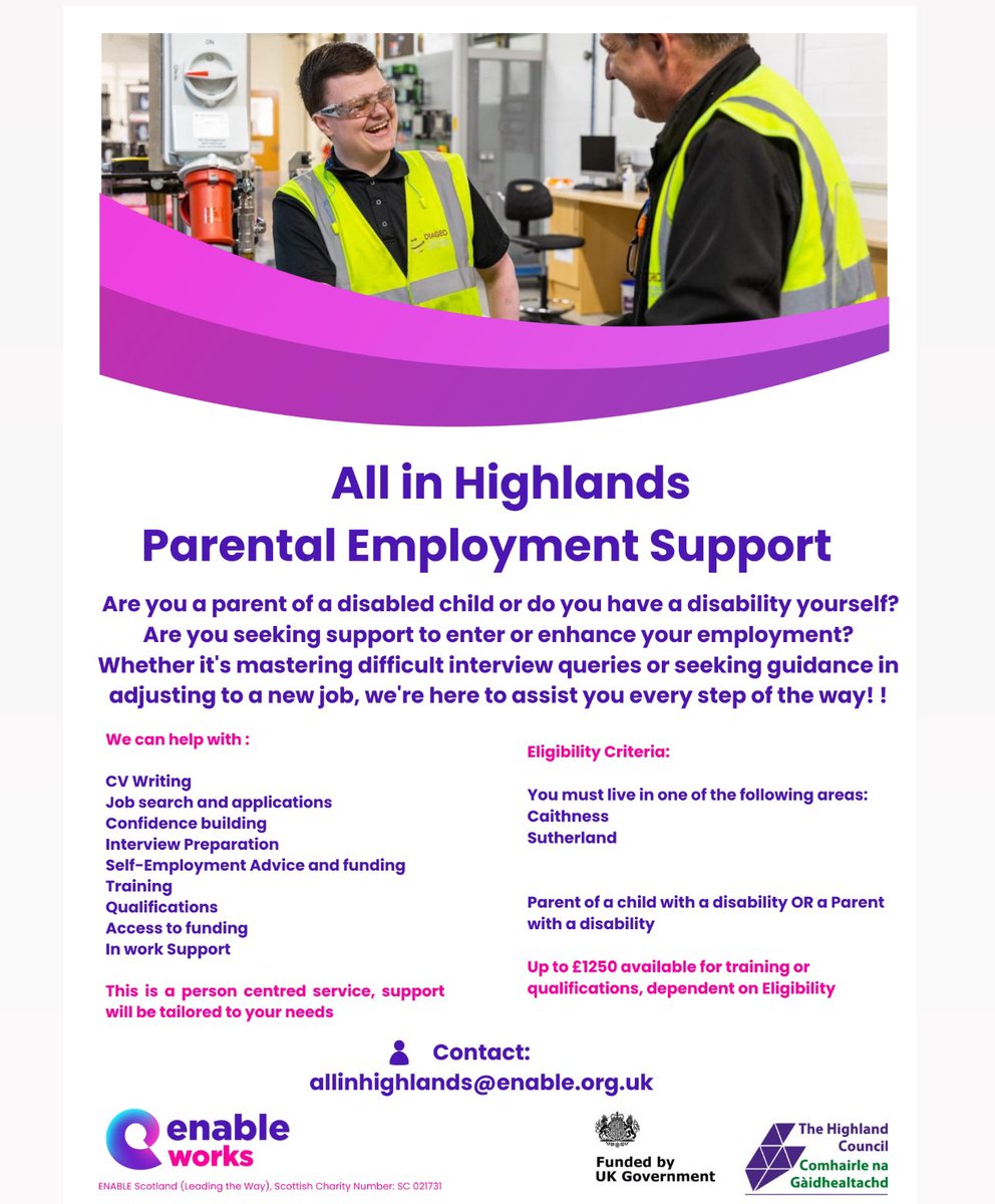 ECS_CAB's tweet photo. Living in Caithness or Sutherland and need help with employment? #ENABLEWorks offers support for parents with disabilities or those with disabled children. From CV tips to interview prep, they’ve got you covered. Achieve your employment goals with tailored support!💙 https://t.co/w37R0TtZNd