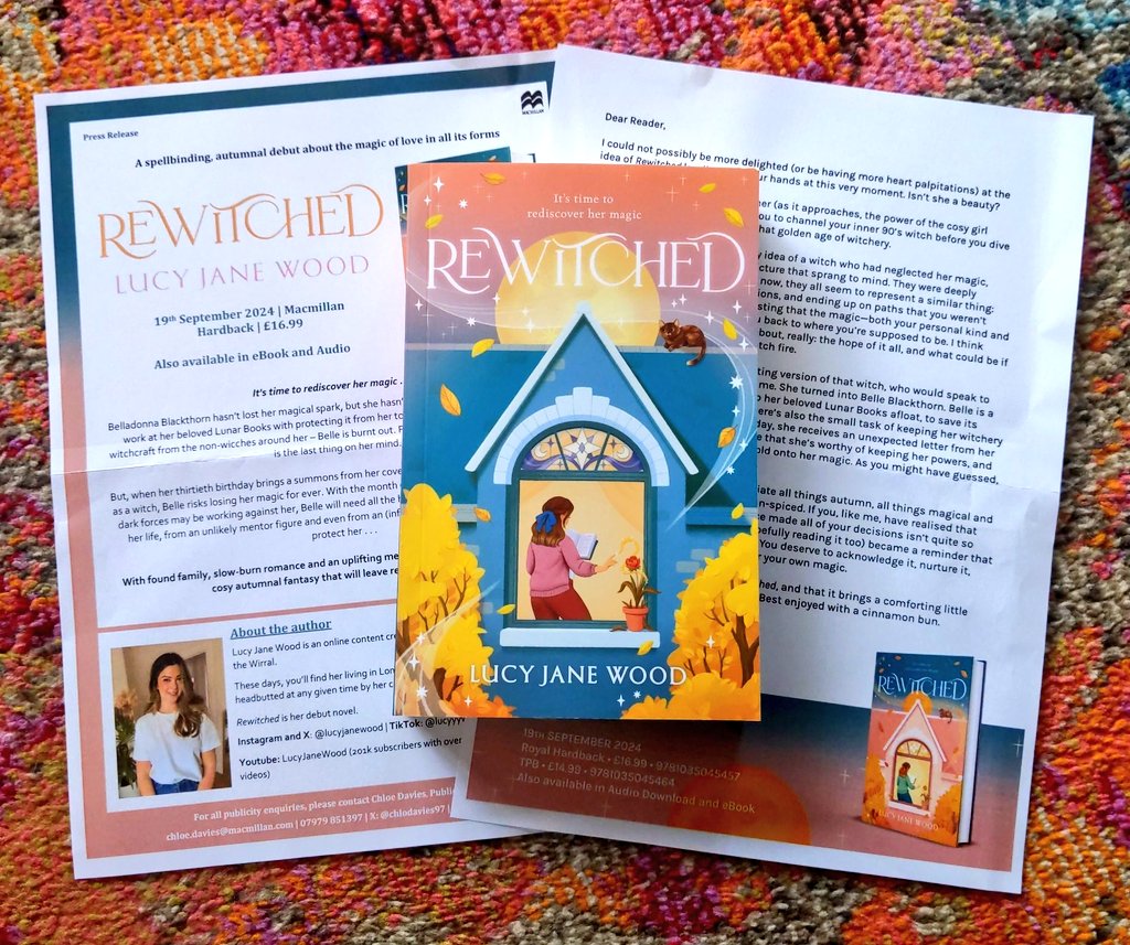 I'm never one to wish summer would go by faster but I'm craving the autumnal weather for this cosy read!🍁🍂🍄 Extra big thank you to @chlodavies97 @panmacmillan for this meowgical proof. You've made my week! Rewitched by @LucyJaneWood is out 19 September 2024.