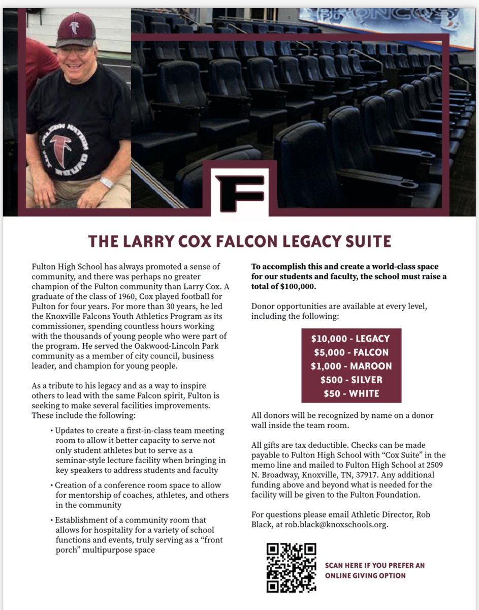 Please consider helping us complete our "Larry Cox Legacy" project here at Fulton High School. We have a deadline of June 6, 2024, to complete our goal of raising $100,000. We are close to our goal as we have raised $77,000 so far. We could sure use your help...$23,000 to go!