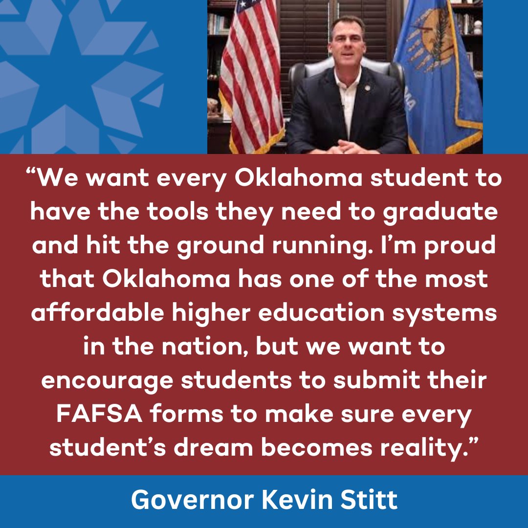 As the school year comes to a close and high schoolers plan for their pursuit of higher education, @GovStitt this week encouraged all Oklahoma students to complete the Free Application for Federal Student Aid (FAFSA) for the 2024-2025 school year. More: oklahoma.gov/governor/newsr…