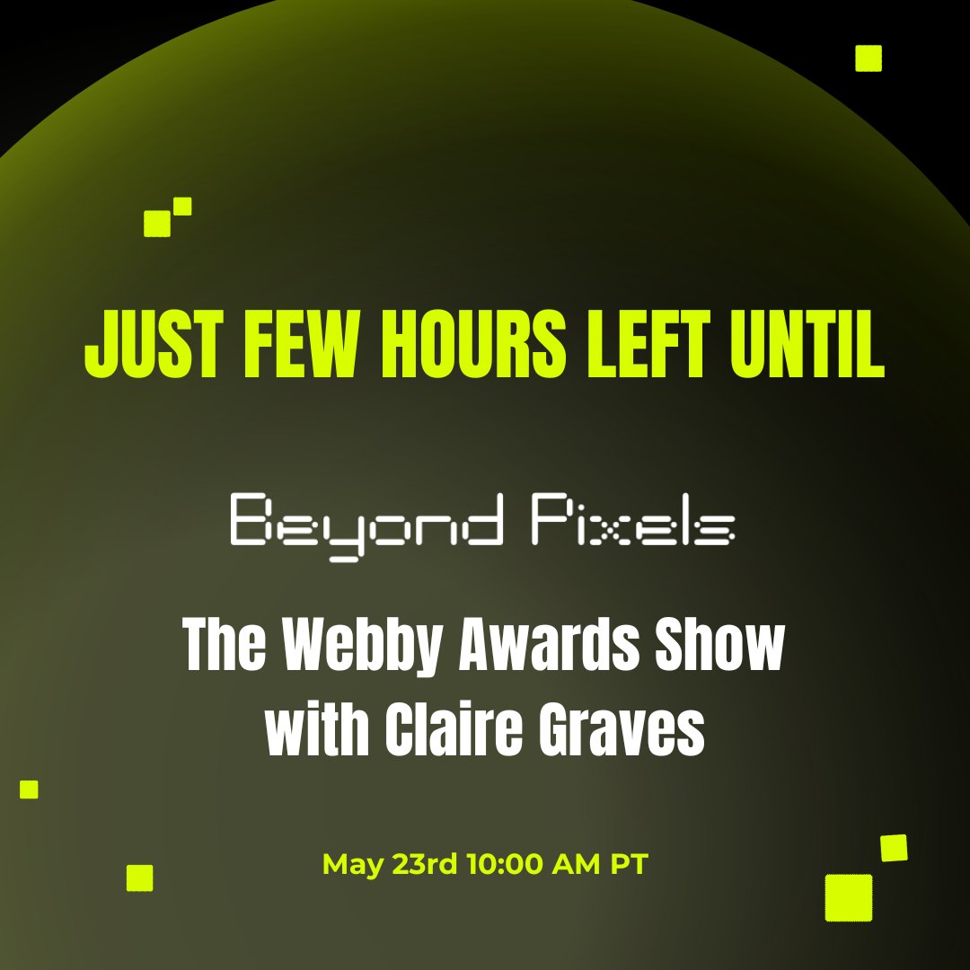 🚀 Less than 4 hours until Beyond Pixels: <a href="/TheWebbyAwards/">The Webby Awards</a> Show! 

Tune in at 10 AM PT to hear from <a href="/clairegraves/">Claire Graves</a>, Josh Neuman (Super League), &amp; Blake Behnam (<a href="/SawhorseLA/">Sawhorse Productions</a>) on AI, Metaverse &amp; more!

Don't miss out - Register Now! linkedin.com/events/beyondp…
 #WebbyAwards #AI #Metaverse
