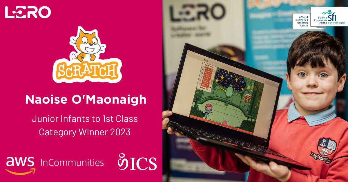 Naoise O'Maonaigh from @KidSizedComp, Clontarf, Co. #Dublin, won the Junior Infants to 1st Class Category in this year’s National @scratch_ie #Coding Competition for his project ‘Space ball’.

Play Space Ball here➡️scratch.mit.edu/projects/98325…

#SoftwareForABetterWorld