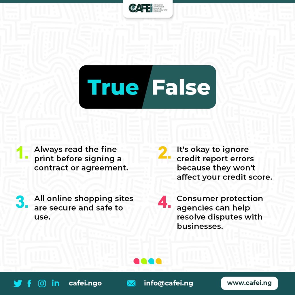 CAFEiNGO's tweet photo. Don’t get caught off guard! Test your knowledge with these true or false questions.
#cafei #cafeingo #ngo #consumerawareness #consciousconsumer #consumerprotection #consumers #consumers #viral #explore #thursday https://t.co/Kb8y1iT0Jh