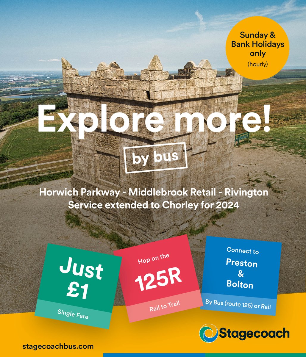 🚌 #Rivington 125R service returns this Sunday! 🌳🚶‍♀️ 🌄  
🔁 Operating every Sunday (inc. Bank Holidays) Check out the stunning views of the Rivington area -  fares just £1 
Find out more here 👉 stagecoachbus.com/promos-and-off…  <a href="/SELCRP1/">South East Lancashire CRP</a> <a href="/CommunityRail/">Community Rail Network</a> <a href="/LancashireCC/">Lancashire County Council</a>
