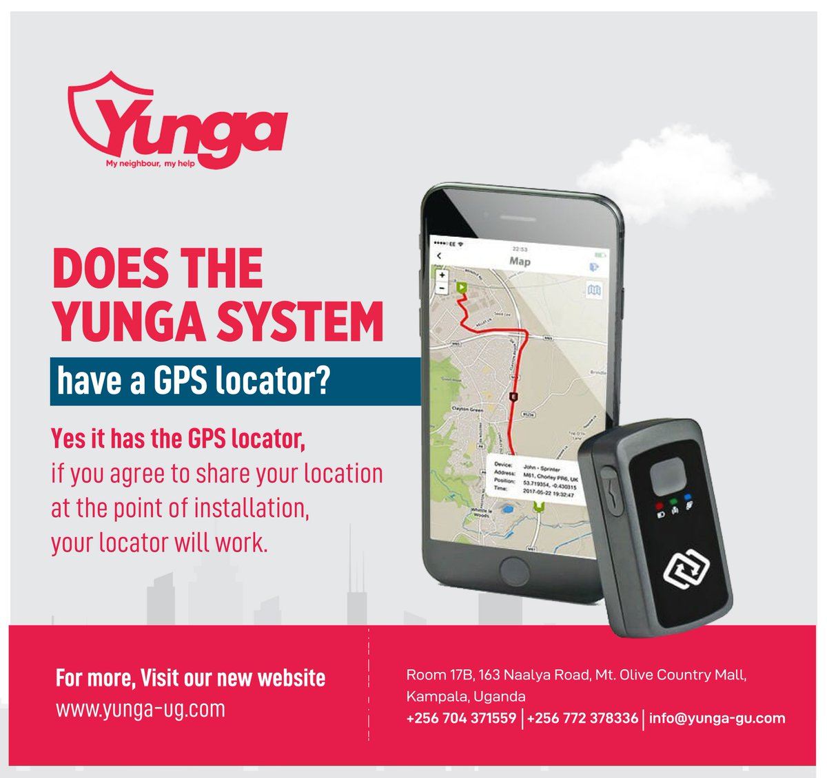 The Yunga GPS locator is just one of the features that will complement your security. It's benefits enable law enforcement to know exactly where to find your house in case on any attack. Yunga is here to help! You can check out more of our products today: yunga-ug.com