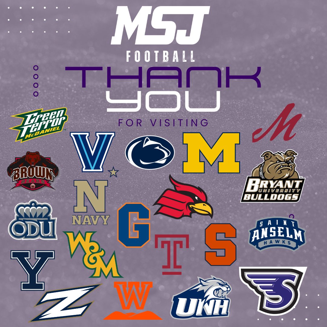 MSJ_Football's tweet photo. Short week at the Mount with a lot of action. Thank you to the following colleges for taking the time to visit and speak to our student/athletes. Have a very safe Memorial Day Weekend! #GaelForceWins #NextLevelGaels https://t.co/3hliJfn6et