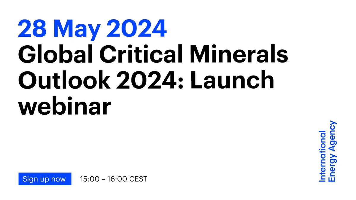 On 28 May, join the lead authors of our Global Critical Minerals Outlook 2024 for a webinar on the key findings They'll explore the latest price, investment, production & supply chain trends for the minerals vital for many clean technologies Sign up ➡️ iea.li/3ywINYX