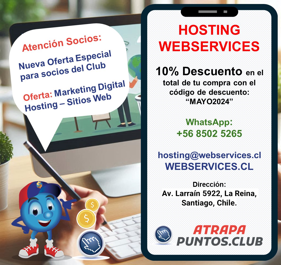 AtrapaPuntos's tweet photo. HOSTING WEBSERVICES

10% Descuento en el total de tu compra con el código de descuento:
“MAYO2024”

WhatsApp:
+56 8502 5265

hosting@webservices.cl
https://t.co/LQh7uAAYNj

Dirección:
Av. Larraín 5922, La Reina, Santiago, Chile.

#HostingWeb
#AlojamientoWeb
#ServidorWeb https://t.co/n2bQhgssLm
