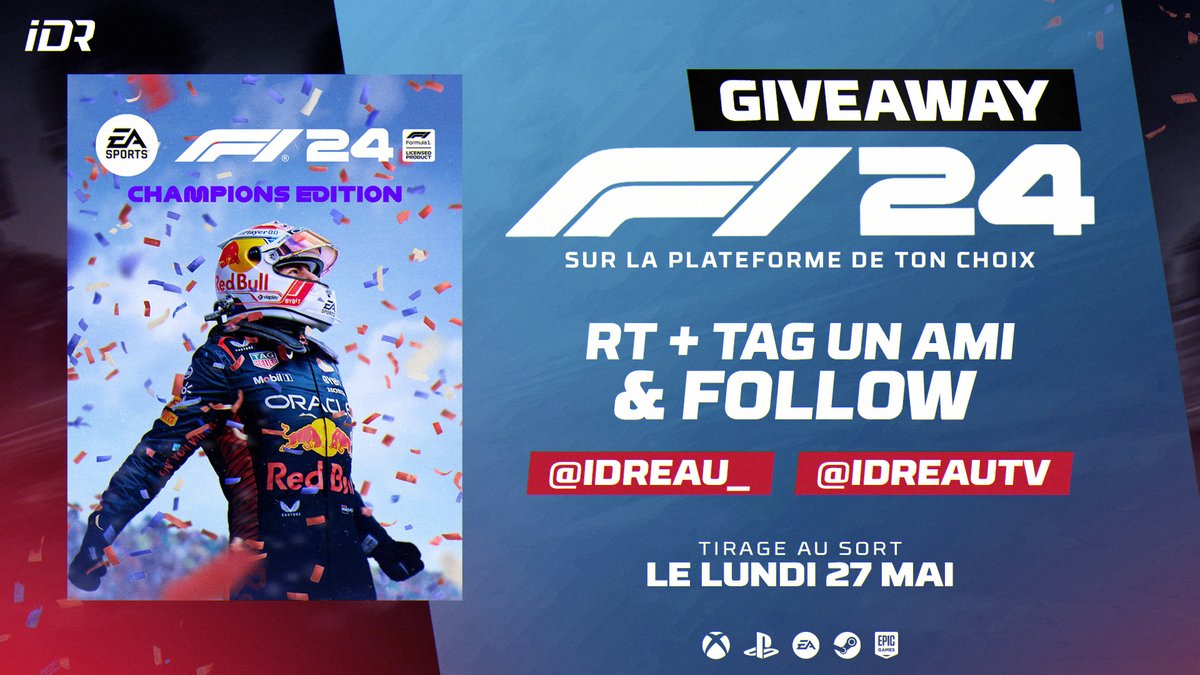 🚨 CONCOURS F1 24 ! 🏎️

Remporte ton édition Champions du jeu sur la plateforme de ton choix !

Pour participer, rien de plus simple :

- Retweet
- Tag un ami
- Follow <a href="/idreau_/">Sebastian Vettel Jr</a> &amp; <a href="/idreauTV/">idreauTV</a>

Maximise tes chances en participant aussi sur Insta !

TAS le 27/05.