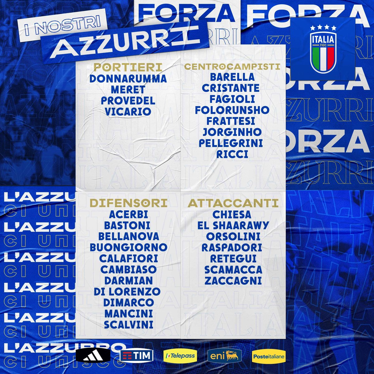 𝑵𝒂𝒛𝒊𝒐𝒏𝒂𝒍𝒆 🇮🇹

La lista dei 3️⃣0️⃣ convocati del Ct Luciano #Spalletti per il raduno in programma il 31 Maggio a #Coverciano in vista di #EURO2024 💙 

▶️ tinyurl.com/2s3bz7dp

#Nazionale #Azzurri #VivoAzzurro