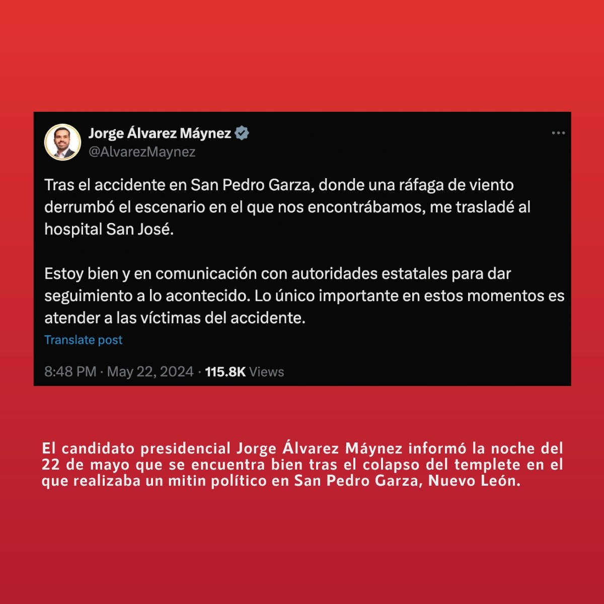 ❌Falso que falleció #JorgeÁlvarezMáynez en derrumbe de templete en #NuevoLeón ✅El candidato presidencial @AlvarezMaynez informó la noche del 22 de mayo que se encuentra bien tras el colapso del templete en el que realizaba un mitin político en San Pedro Garza, Nuevo León