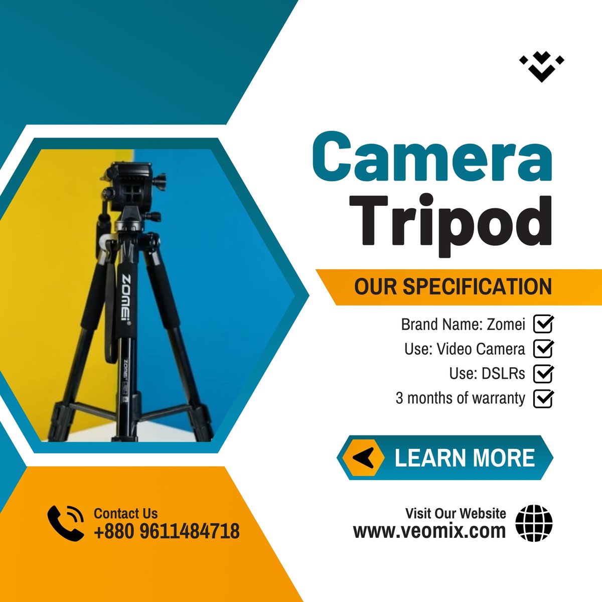 Veomixbd's tweet image. এখন  সর্বোচ্চ 06% পর্যন্ত ছাড়ে Camera Tripod সরাসরি অর্ডার করুন  veomix.com থেকে  !
🛒অর্ডার করতে ভিজিট করুনঃ veomix.com/product/zomei-…
📲Hotline: +880 9611484718 (Call for Home Delivery)

#ZOMEI #Q310 #CameraTripod