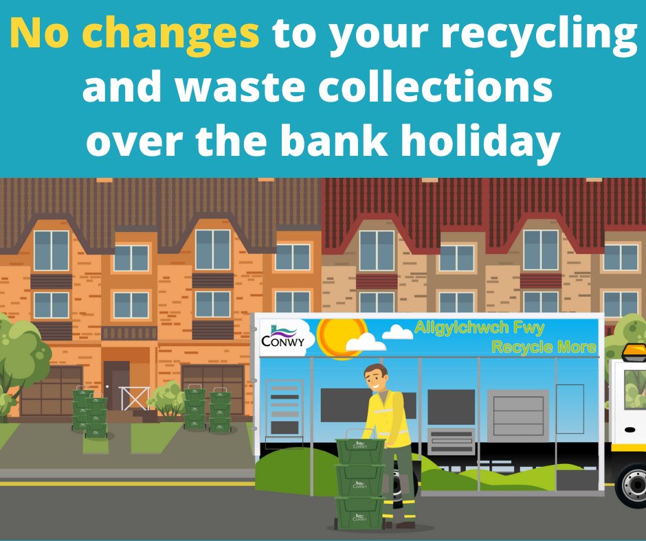 No changes to your recycling and waste collections over the bank holiday. ➡️ Check my collection day: bit.ly/2MJZ4Pr ➡️ Download the Conwy app and get weekly reminders for your recycling and rubbish: bit.ly/4bHnhPx