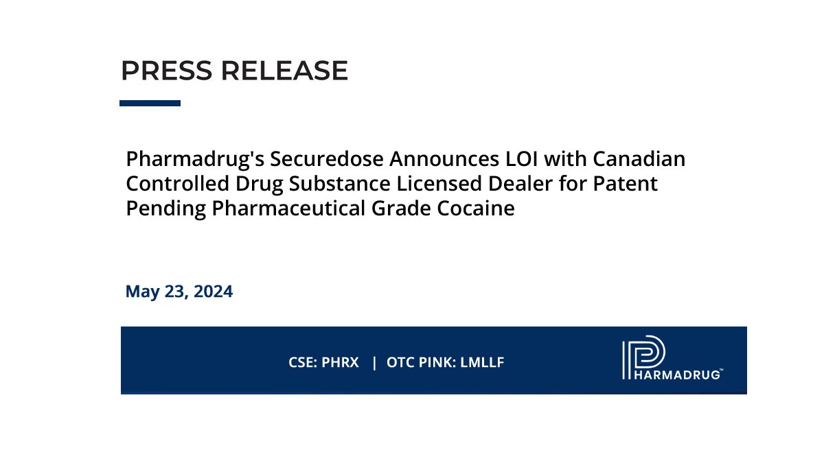 Pharmadrug's Securedose Announces LOI with Canadian Controlled Drug Substance Licensed Dealer for Patent Pending Pharmaceutical Grade #Cocaine

bit.ly/3wDXjxE

$PHRX $LMLLF | #PharmaDrug #SecureDose #patent #biosynthetic #pharmaceuticals #innovation #healthcare #news