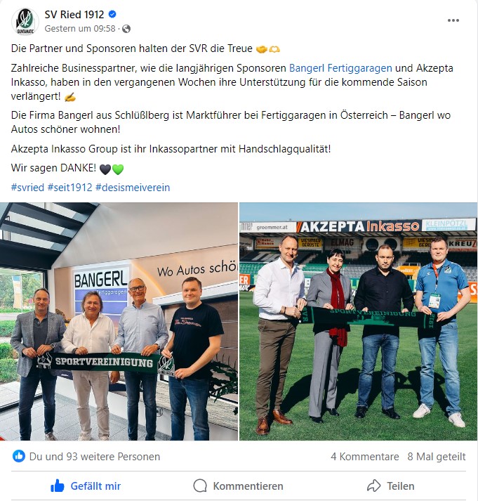 Leitbetriebe Bangerl Fertiggaragen und AKZEPTA Inkasso haben ihr Sponsoring für die SV Ried verlängert⚽️

Bangerl Fertiggaragen: 👉 leitbetrieb.com/at/leitbetrieb…
AKZEPTA Inkasso: 👉 leitbetrieb.com/at/leitbetrieb…