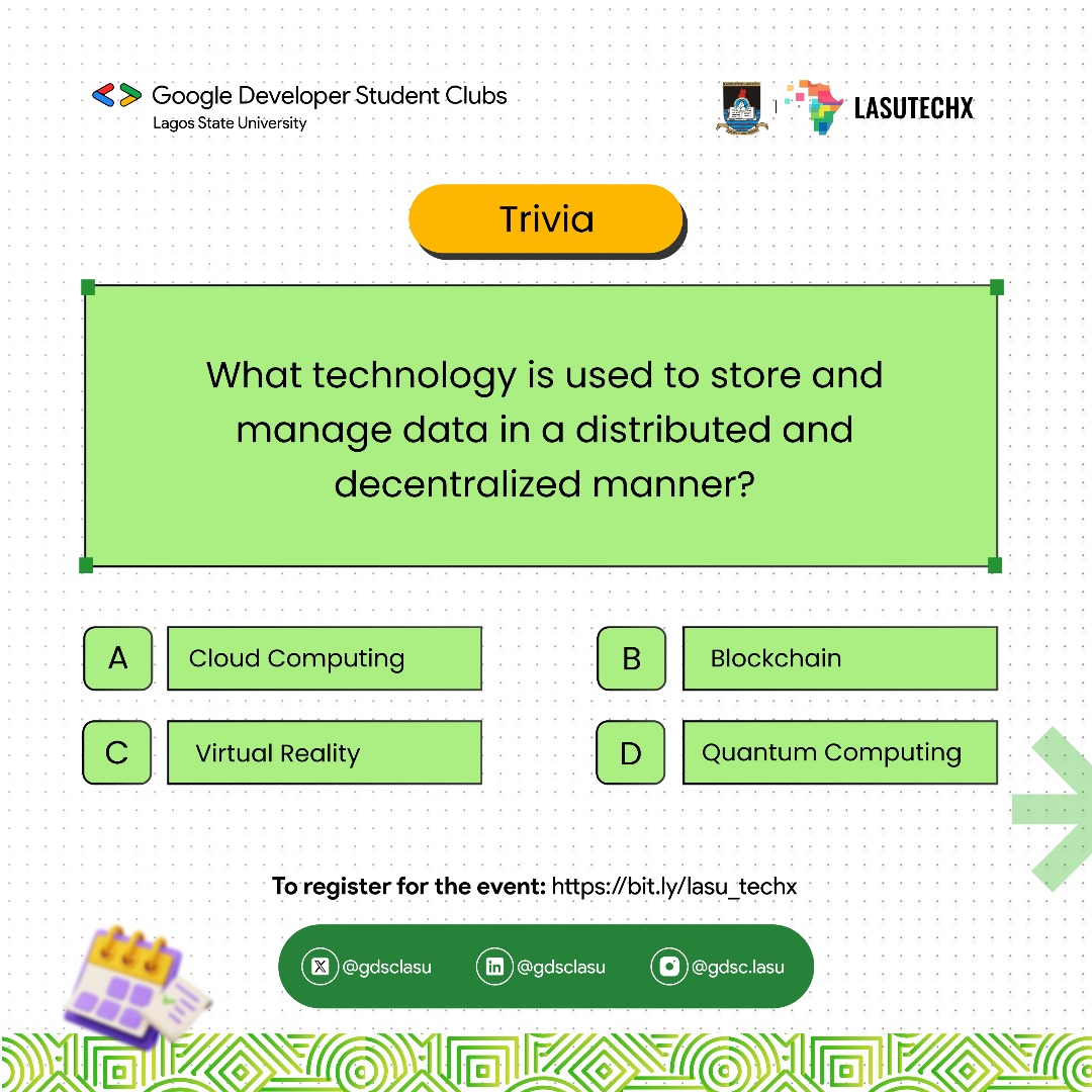 gdgoc_lasu's tweet photo. How aware of you of emerging technologies? 😎
Let us know your answer to this trivia quiz in the comments!
Do not forget to grab your tickets for LASU TECH X 3.0 while you are at it 😉
🔗RSVP: https://t.co/BmpcqNUVEI
#trivia #quiz #techies #lasutechx https://t.co/z3vzioh1Qw