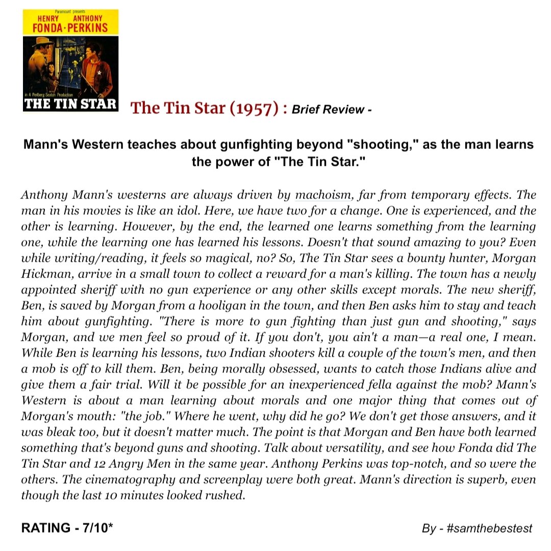 SAMTHEBESTEST_'s tweet photo. #TheTinStar (1957) :
Mann's Western teaches about gunfighting beyond "shooting," as the man learns the power of "The Tin Star."
RATING - 7/10*
#AnthonyMann #HenryFonda #AnthonyPerkins #BetsyPalmer #NevilleBrand #MichelRay #MaryWebster #JohnMcIntire #LeeVanCleef #RichardShannon https://t.co/yYo940Tw6E