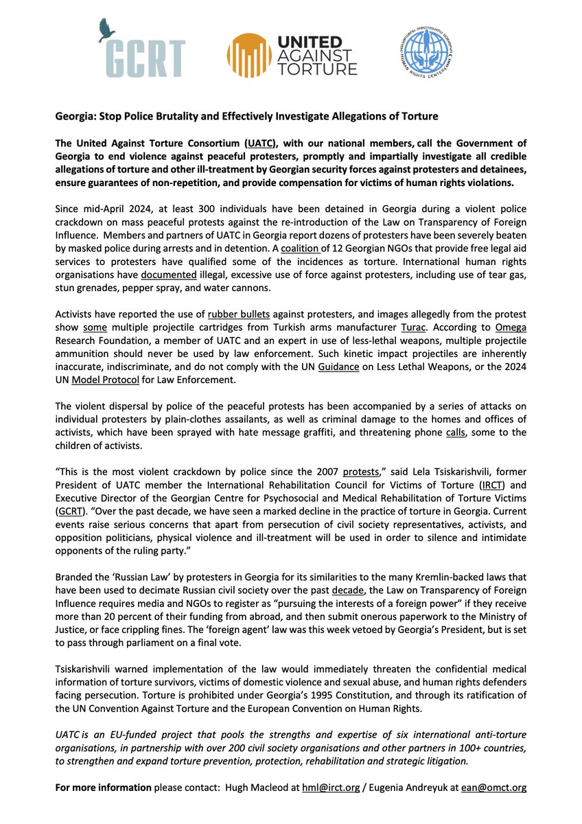 🇬🇪The Government of #Georgia must end #PoliceBrutality & investigate claims of #torture of peaceful protesters standing against a law that would make defending #HumanRights impossible. We are #UnitedAgainstTorture. Read our joint statement bit.ly/44RWHko