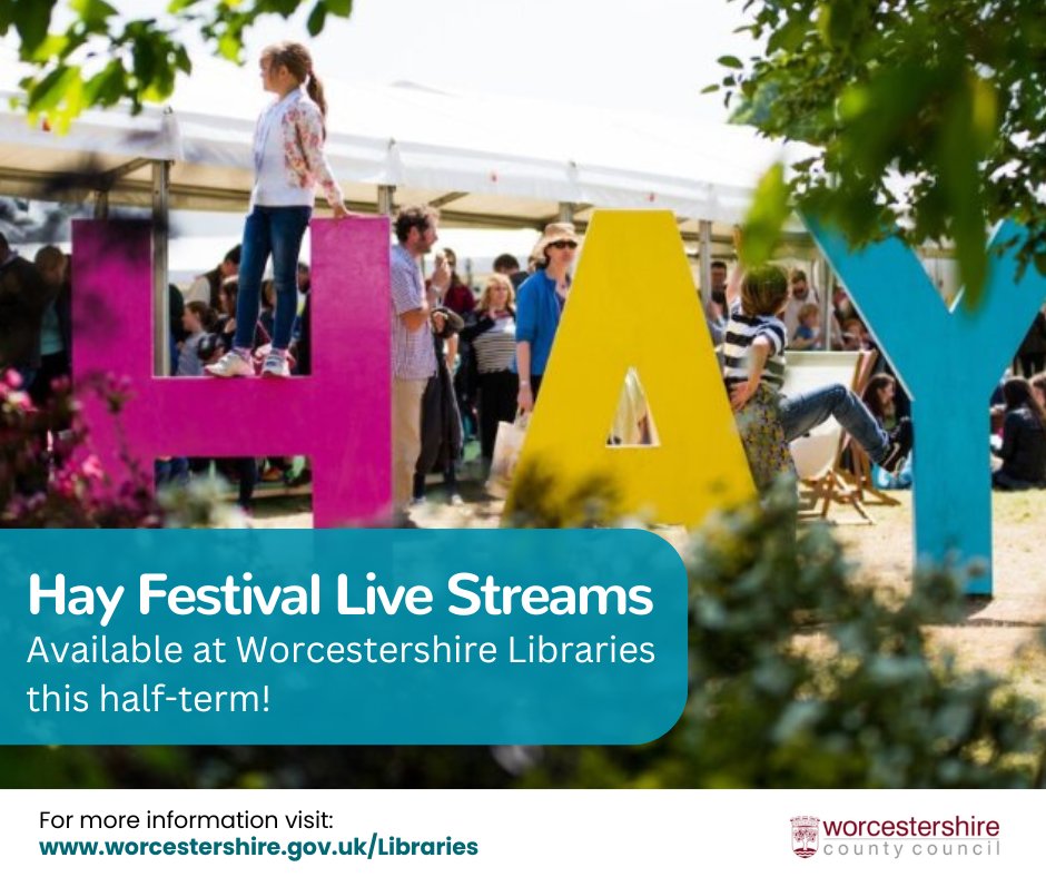 Experience the magic of the Hay Festival at Worcestershire Libraries this half-term! Enjoy free live-streamed events from the festival, no booking required. For more info and participating libraries, visit: bit.ly/3K9F3zd