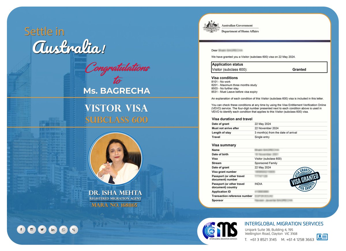 ims_migration's tweet image. Congratulations Ms. Bagrecha!

We are thrilled to announce that Ms. Bagrecha from India has been granted the Visitor (Subclass 600) Visa for Australia! Her success reflects her determination and ambition, and we couldn't be prouder.

#australiavisa #visagrant #ims_migration