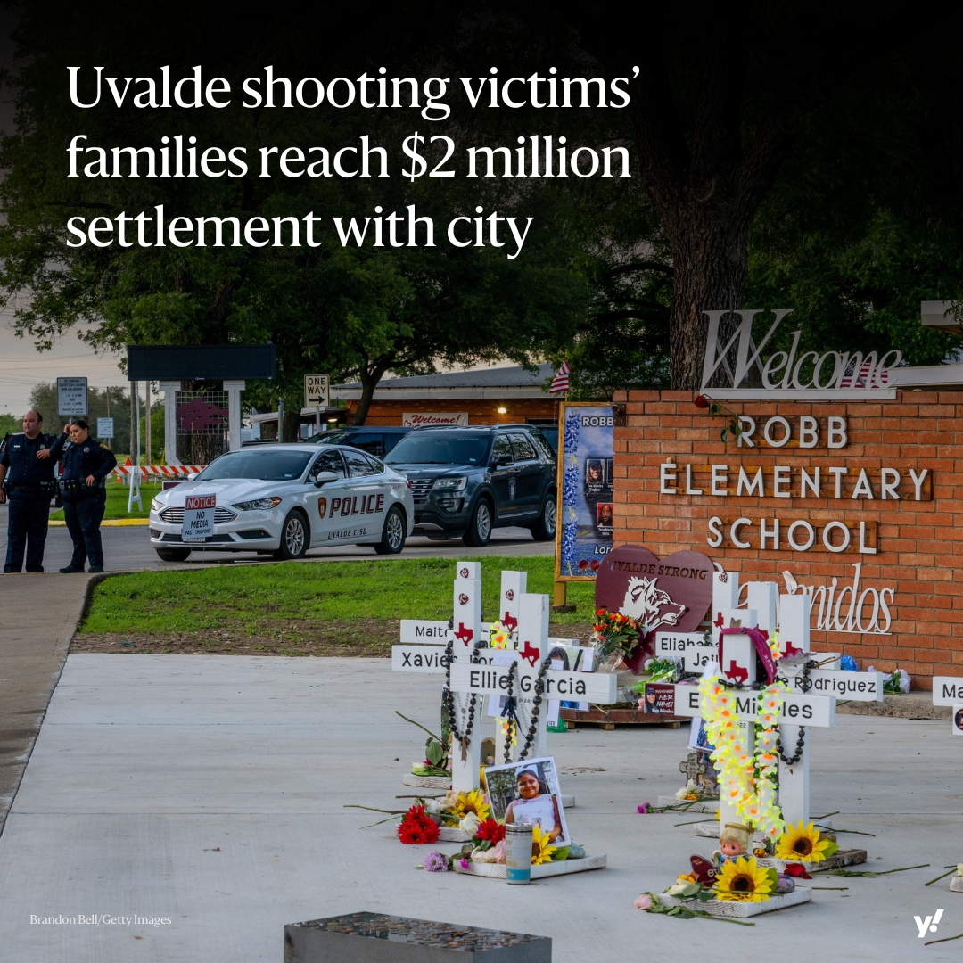 The city of Uvalde, Texas, will pay $2 million to 19 families whose loved ones were killed or injured in the 2022 school shooting, attorneys said. The settlement also includes mandates for more police training and the creation of a permanent memorial. yhoo.it/3URggVG
